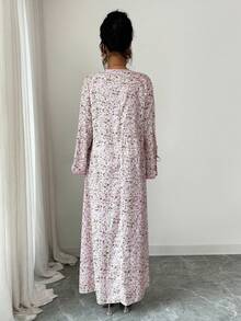 Yasmyna Women's Woven Print V-Neck Contrast Sleeve & Hem Loose Arabic Dress - Dusty Pink - View 2