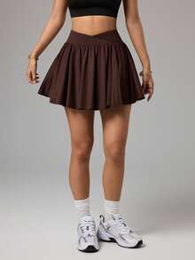 Dewbera Dewbera Women's Solid Color High Waist Pleated Fashion Sports Mini Skirt - Coffee Brown - View 7
