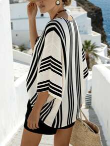 SHEIN Holidaya Striped Print V-Neck Dropped Shoulder Short Sleeve Loose Blouse - Black and White - View 2