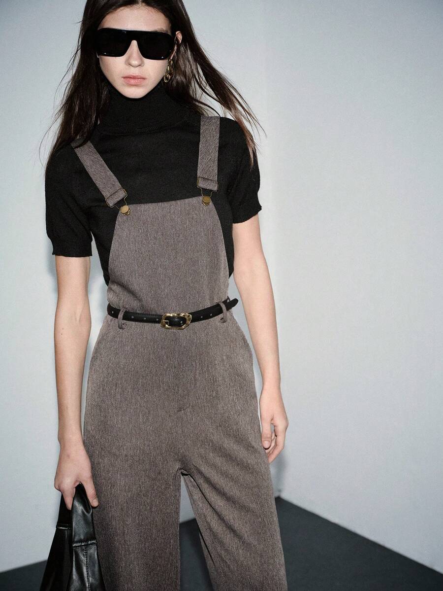 Chiquease Pink And Grey Summer Smart Casual Office Denim Fabric Jacquard Metal Buckle Backless Waist Cinched Minimalist Spring/Summer Women Jumpsuit - Coffee Brown - View 1