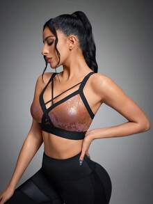 Innovista 女款對比色交叉式亮面亮片運動內衣，金屬感動物紋，可拆式胸墊，中強度支撐運動服，健身房，黑色，夏季，性感 - 棕色 - 查看 3