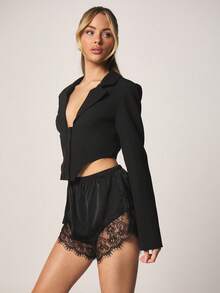 MISSGUIDED Satin Sleep Shorts With Lace Trim Elastic Waist Lounge Sleepwear Pajama Bottom Intimate Nightwear - Black - View 4