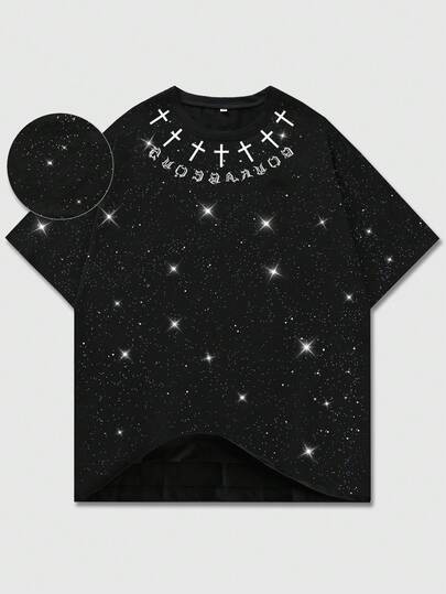 ROMWE MEN 男士深色十字图案T恤，休闲百搭