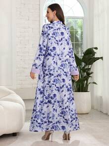 Al Najma Elegant Floral Print Arabic Style Dress With Small Stand Collar And Front Button Closure, Purple - Multicolor - View 6