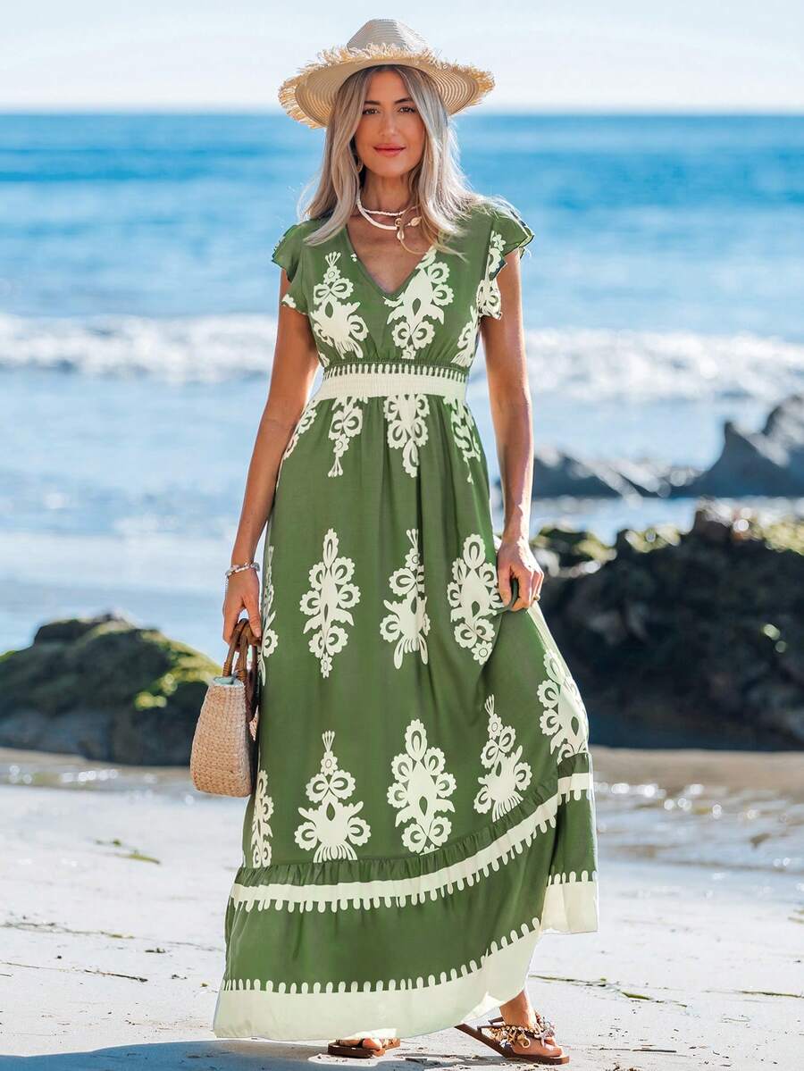 Sylviya 褶皱荷叶边饰盖袖收腰荷叶边下摆 A 字形连衣裙，女士休闲度假装