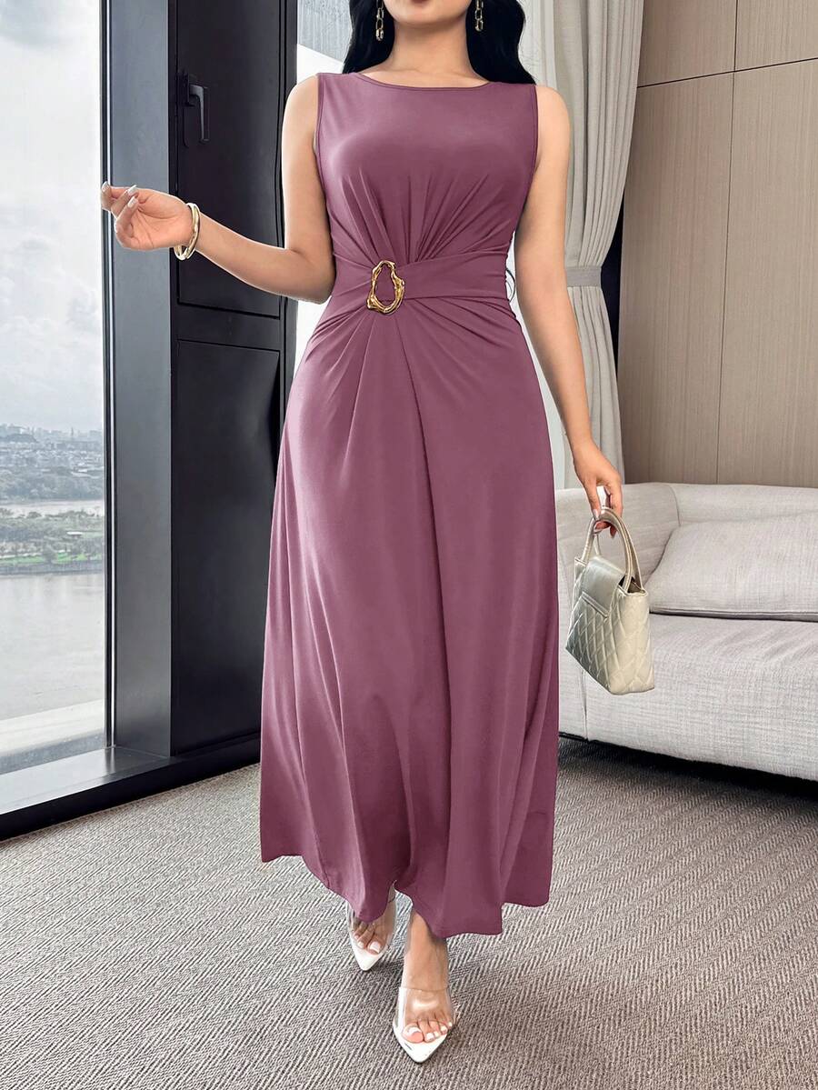 Feyla 腰部褶皱设计，金属装饰纽扣，收腰剪裁，优雅百搭的派对/工作场合连衣裙 - 粉色 - 查看 1