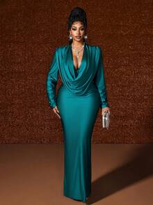 SHEIN CURVE+ Elegantes Kleid in Große Größen mit drapiertem Ausschnitt und Fischschwanzsaum, Herbst - Grün - Übersicht 5