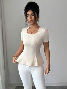 Rafferiza Women's Solid Color Round Neck Short Sleeve Twist Back Ribbed Casual T-Shirt, Spring/Summer - Apricot - View 4