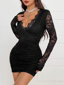 Coolane Women's Spring/Summer Streetwear Music Festival Casual Date Night Basic Minimalist Lace Deep-V Ruched Slim Fit  Lace Long Sleeve Shoulder Pads Wrap Black Dress