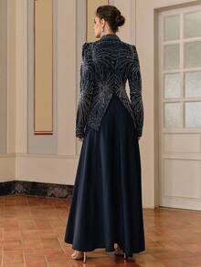 Anewsta Women's Bestselling New Beaded & Sequin Embellished Long Sleeve Fitted Elegant Dress, Suitable For Back To School, Party, Birthday - Blue - View 3