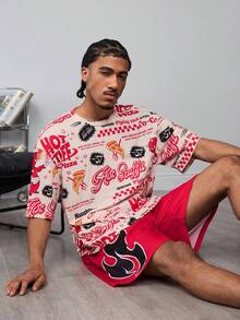 SHEIN HOT STUFF Men's Comfortable All-Over Print Short Sleeve T-Shirt And Shorts Loungewear Set, Summer - Red and White - View 8