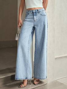 Selenza 女士花卉刺绣口袋阔腿宽松休闲牛仔裤 - 藍色 - 查看 7