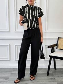 SHEIN Essnce Women's Summer Brush Print Stand Collar Short Sleeve Casual Loose Shirt - Black - View 3