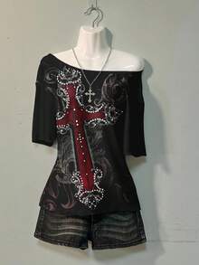 Attitoon Casual Minimalist Cross Full Print Off-Shoulder Loose Women T-Shirt,Graphic Tees Carnival - Multicolor - View 1