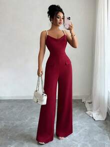 GlowEve 复古优雅新款春夏性感时尚优雅酒红色吊带铆钉V领收腰阔腿休闲通勤约会百搭优雅女士连体裤 - 酒紅色 - 查看 6