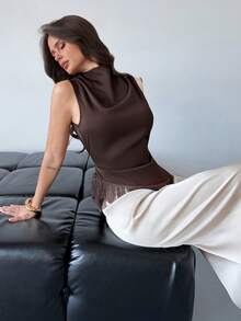 Firerie Women's Elegant Casual Everyday/Commute/Vacation Bohemian Sleeveless Top, Brown Satin Pleated Collar Sleeveless Asymmetrical Fringe Hem Fitted Women's Tank Top, Elegant, Chic, Vacation, Versatile, Teacher, Women's Tank Top - Brown - View 2