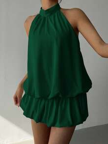 Aloruh Women's Solid Color Pleated Halter Backless Sleeveless Mini Dress - Dark Green - View 4