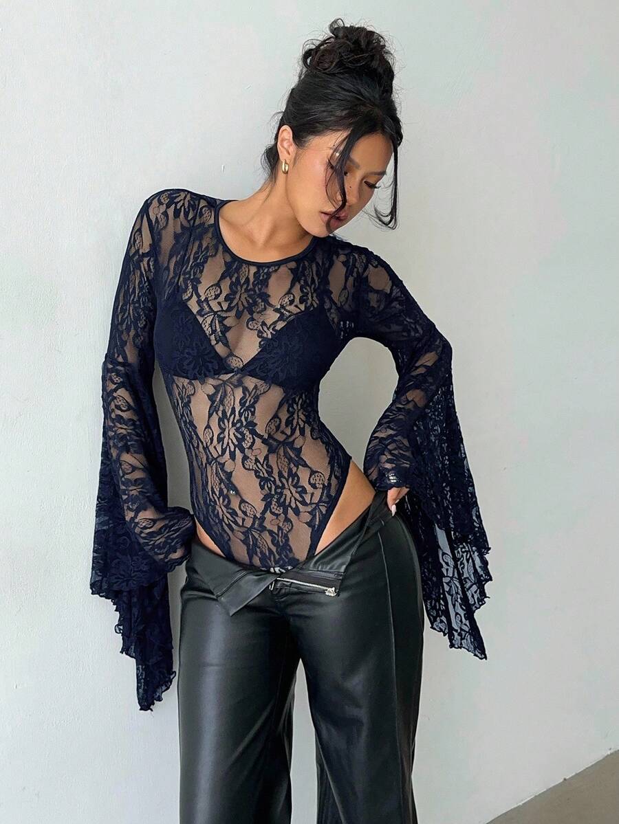 Aloruh Áo liền thân ren đen tay cánh dơi cho Halloween - Màu xanh hải quân - Xem 1