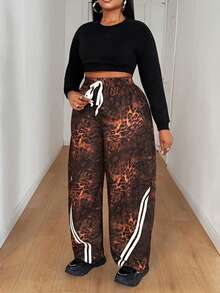 Maweii 大码女式休闲豹纹撞色腰带蝴蝶结直筒香蕉裤，撞色缎带，百搭户外时尚新款长裤 - 彩色 - 查看 5