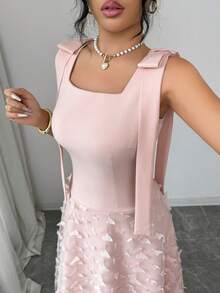 Elenzga Women's 3D Butterfly Mesh Pink Elegant Spaghetti Strap Mid-Length Dress, Suitable For Valentine's Day, Date, Party - Baby Pink - View 5