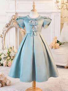 SHEIN Dusty Pink Girls Everyday Casual Dress Round Neck Puff Short Sleeve Zipper Midi A Line For Church And Special Occasions Dusty Blue Dress Girls Blue Dresses For Girls Bow Deco Mint Dress - Dusty Pink - View 7