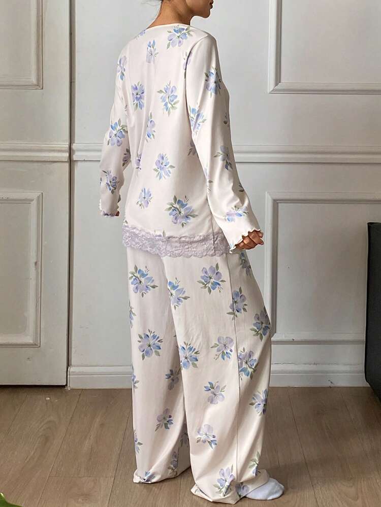 Floral Print Lace Trim Patchwork Women Pajama Set