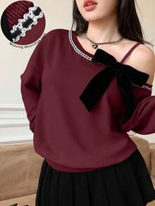 Modelyn Plus Size Korean Style Casual Loose Bowknot Asymmetric-Shoulder Short Sweatshirt, Spring - Burgundy - View 2