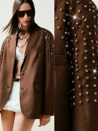 Arave Oversized Formal Jacket With Studded Design And Padded Shoulders For Women, With Real Pockets Zip Up Jacket Rhinestone Women Blazer Jacket For Women Fall Women Clothes Fall Outfits Women Fall Autumn Clothes New Year Clothes Valentine's Day New Year