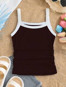 少女休闲修身撞色吊带背心，百搭风格，适合外出、度假、上学、春夏穿着 - 咖啡棕 - 查看 6
