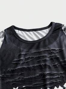 NEON BLANC Distressed Leopard Arm Digital Print T-Shirt Men 98 Streetwear Ripped Effect Tee - Black - View 3