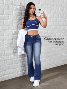 Flexra 女士休闲百搭喇叭牛仔裤，带口袋 - 粉色 - 查看 7