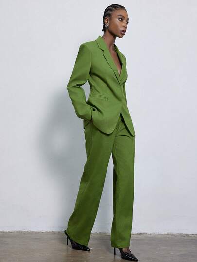 Aveloria Modichic Women's Minimalist & Fashionable Business Suit Set, Classic Notched Collar Design, Single-Breasted Closure, Fitted Blazer Jacket Paired With Straight High-Waisted Pants, Suitable For Workplace, Business And Formal Occasions