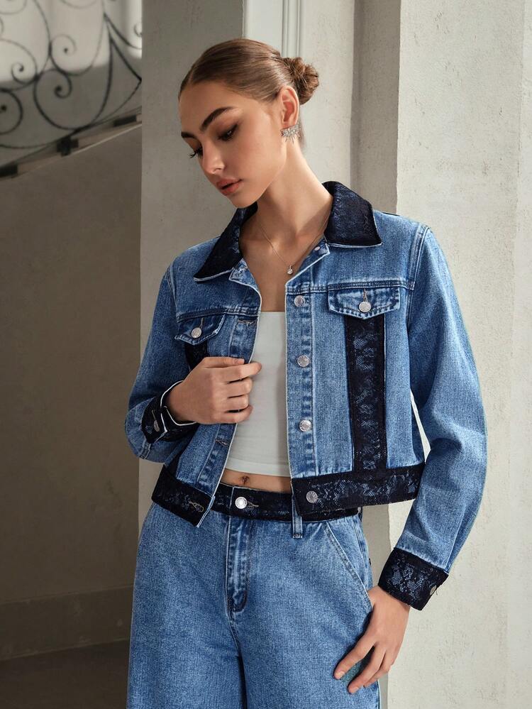 Selenza Women's Fashion Commuter Contrast Lace Denim Jacket