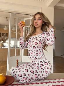 ZzzCrew Bộ đồ ngủ nữ với viền ren, họa tiết trái tim, áo tay dài và quần dài. - Hồng - Xem 6