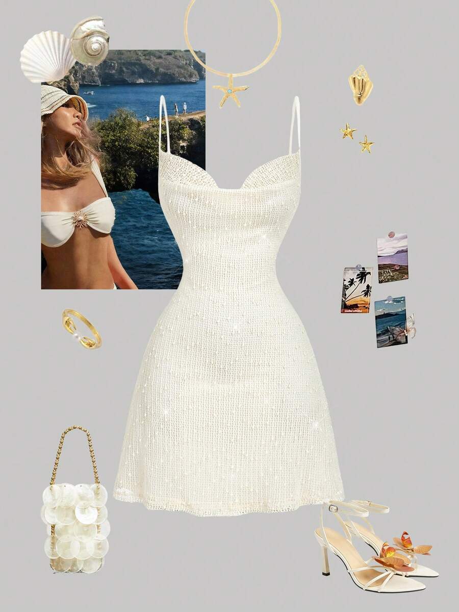 SHEIN MOD 女式串珠仿毛领迷你连衣裙 - 杏色 - 查看 1