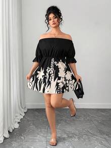 SHEIN Elenzya 大码女士碎花露肩连衣裙，法式优雅简约女士度假浪漫长裙，沙滩装 - 黑色 - 查看 6