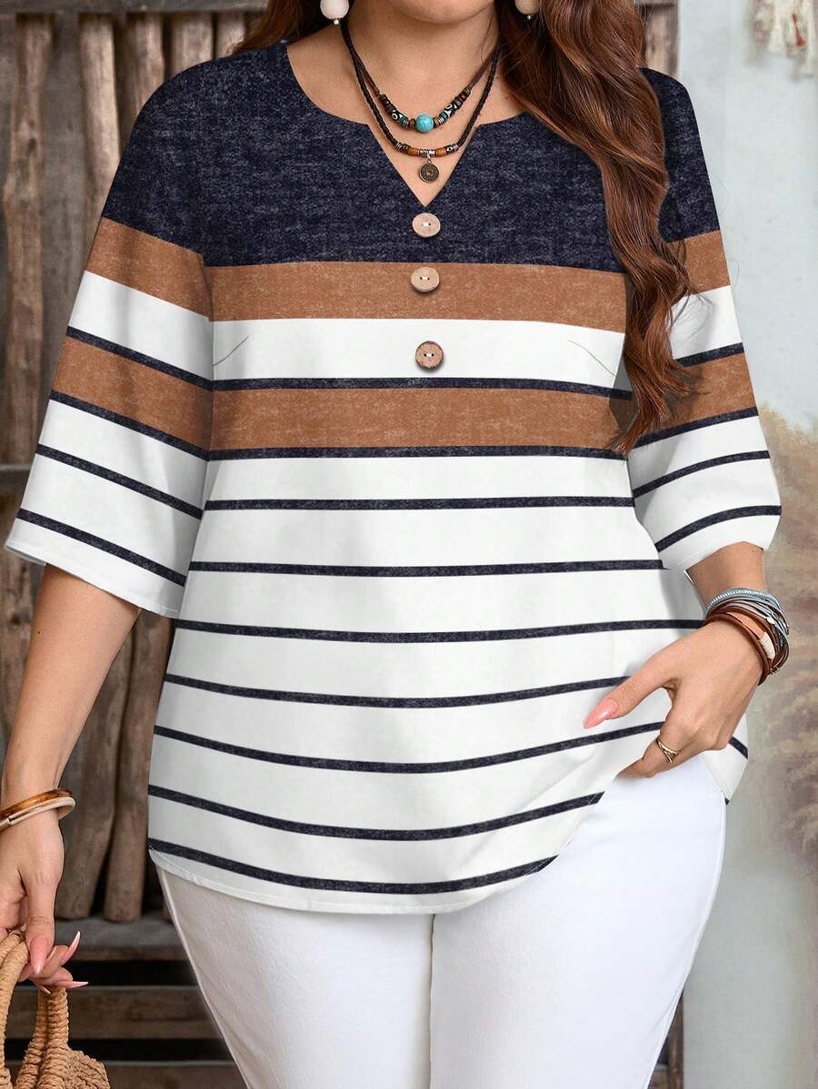 EMERY ROSE Plus Size Casual Retro Commuter Daily Versatile Colorblock Striped Print V-Neck Shirt, Suitable For Summer,Vacation/Summer/Spring - Multicolor - View 1