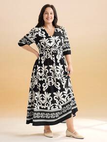 Momelise Đầm chữ A cổ chữ V thắt eo in họa tiết dành cho nữ cỡ lớn, đầm nghỉ dưỡng mùa xuân/hè. - màu đen - Xem 4