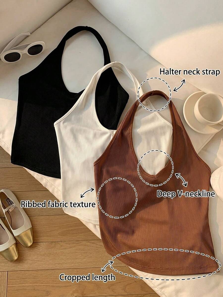 SHEIN EZwear 新款休闲简约三件套，纯色露背吊带背心，适合春夏穿着 - 彩色 - 查看 1