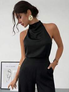 Firerie 女士优雅新款春夏通勤两件套，复古现代不对称领无袖露背蝴蝶结装饰修身黑色办公两件套，适合音乐会、嘉年华、派对等场合，女士嘉年华两件套 - 黑色 - 查看 8