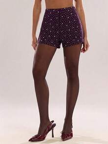 SHEIN BAE Damskie szorty na imprezę z ozdobnymi kryształkami - Kawowy brązowy - Zobacz 6