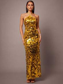 Silquee Sexy Sequin Solid Color Halter Backless Bodycon Dress,Summer Dresses For Women - Gold - View 5