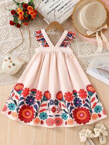 SHEIN Young Girl Ditsy Floral V-Neck Ruffle Hem Casual Dress - Apricot - View 6