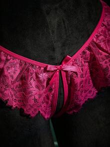 SpicyHot 2pcs/Set Women's Sexy Lace Trim Lingerie Set, Rose Red - Hot Pink - View 5