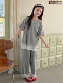 DAZY Tween Girl Contrast Lace Crew Neck Short Sleeve Top And Pants Pajama Set - Grey - View 2
