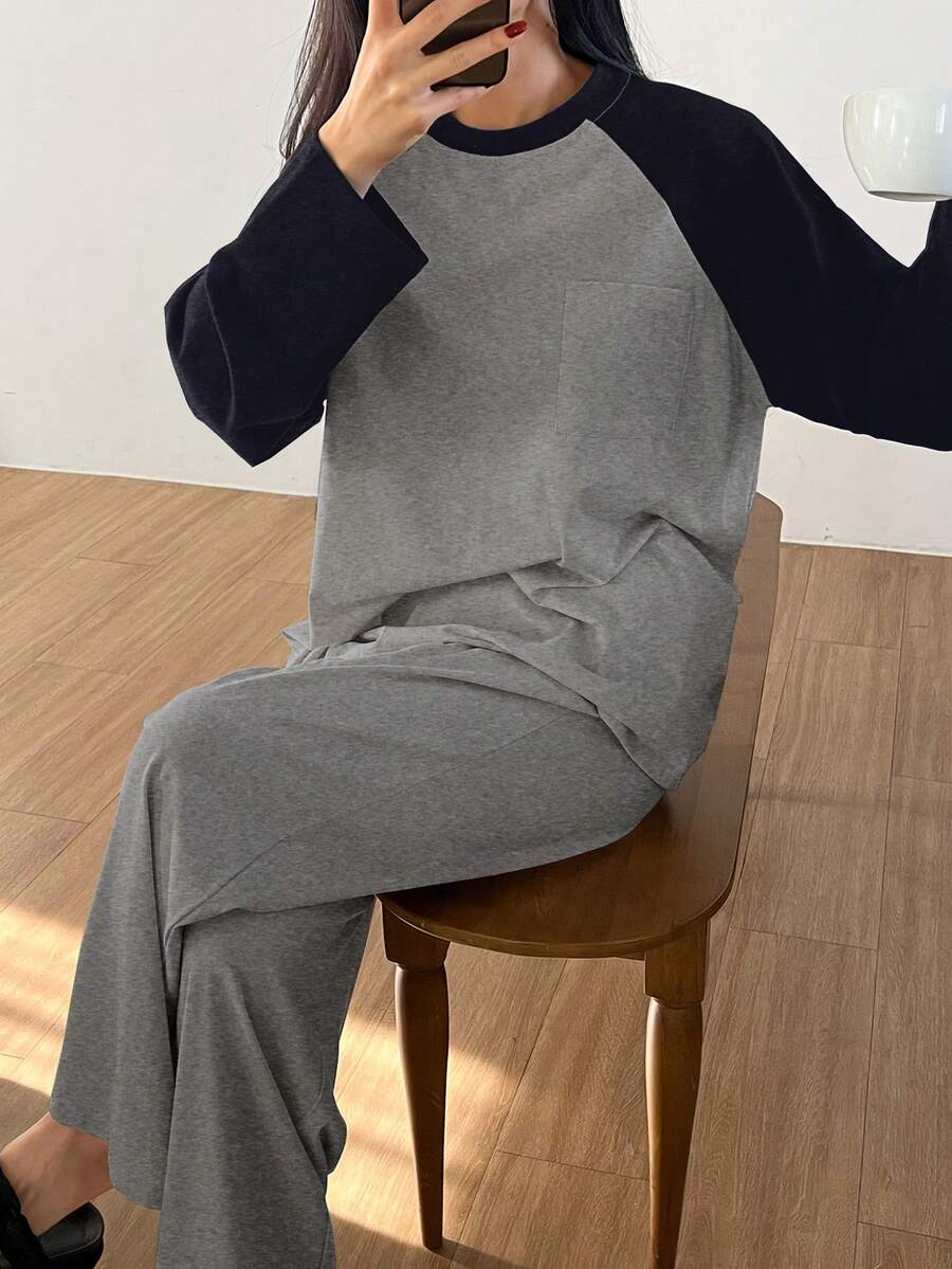 DAZY 2件套女士撞色插肩袖宽松T恤和裤子睡衣套装，秋季 - 藏蓝色 - 查看 1