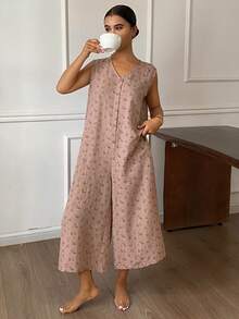 DAZY Ditsy Floral Sleeveless Loose Women's Jumpsuit Pajamas - Khaki - View 6