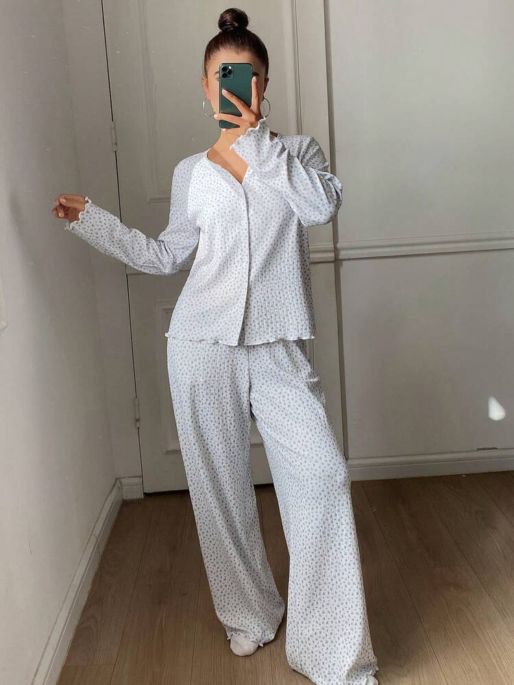 Women's All-Over Print Single-Breasted Long Sleeve Top And Wide Leg Pants Casual Loungewear Set