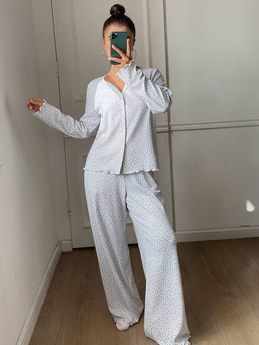 DAZY 女士全印花单排扣长袖上衣和阔腿裤休闲家居服套装 - 灰色 - 查看 1