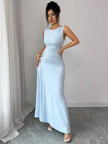 Elenzga Elegant Asymmetrical Hem Waist Cinched Sleeveless Crew Neck Stretchy Knit Bodycon Dress, Metallic Accent, French Chic, Vacation Sexy, Minimalist, Spring/Summer Elegant Long Dress Light Blue Long Dress Sleeveless Long Dress Sky Blue Formal Dress Sleek Long Dress - Blue - View 8